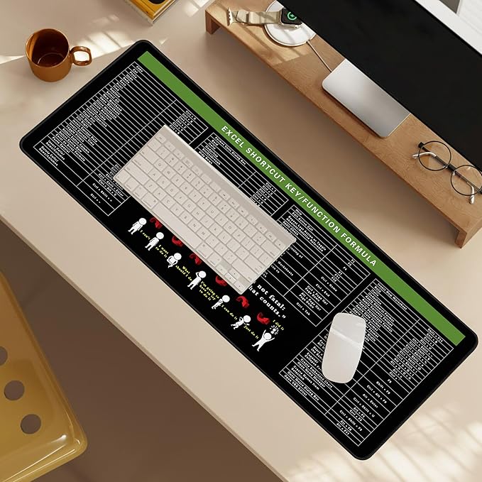 Excel Cheat Sheet Desk Pad, 31.5"x11.8", Waterproof Extra Large Excel Shortcut Mat with Stitched Edges, Anti-Slip Excel Mouse Pad for Office Desk, MS Excel/Word Shortcuts (Green Excel G)