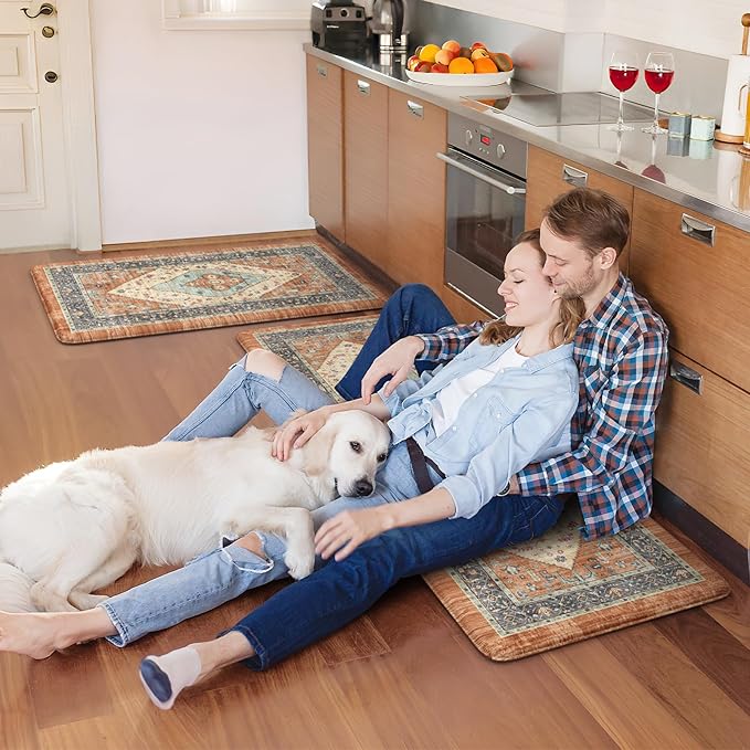 KIMODE Anti Fatigue Kitchen Mat 20"x47"+20"x32", Boho Distressed Kitchen Rugs Sets of 2, Kitchen Mats for Floor Cushioned Non Slip, Comfort Kitchen Floor Mats for Sink, Laundry, Desk Orange