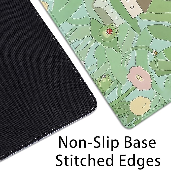 Cute Frog Desk Mat Mouse Pad,Cartoon Frog Desk Pad,Kawaii Green Desk Decor,Lotus Leaves and Flowers Desk Mat for Frog Desktop,Stitched Edges Non-Slip Rubber Base Mouse Mat for Office Home Work