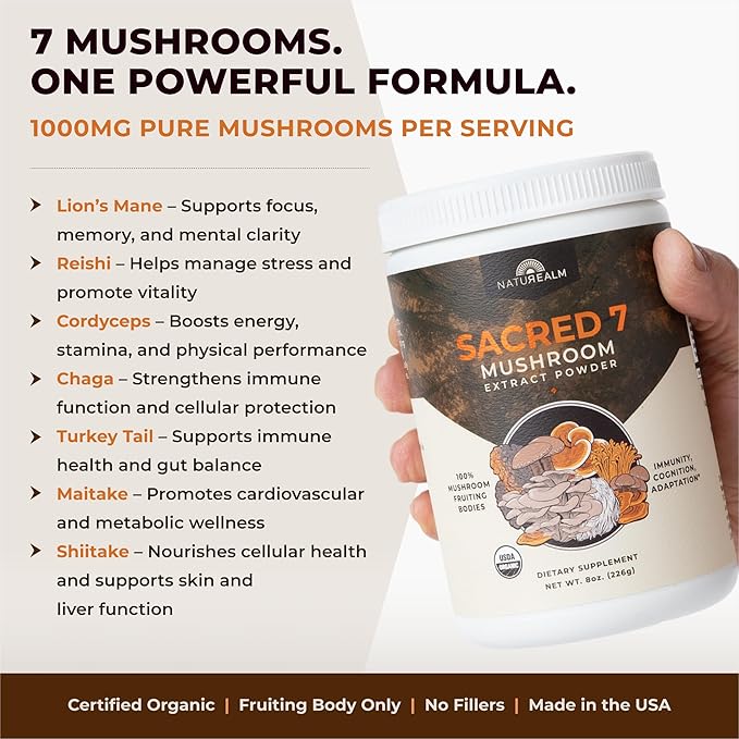 Sacred 7 Organic Mushroom Supplement – 100% Fruiting Body Extract Powder with Lions Mane, Reishi, Chaga & More | Nootropic & Immune Support for Coffee, Tea, Smoothies – 60 Servings