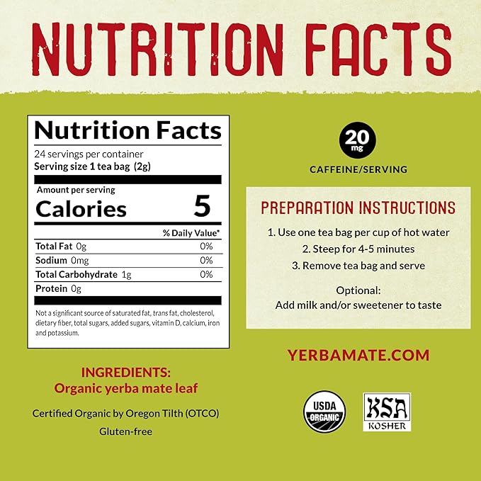 ECOTEAS Organic Yerba Mate Tea Bags - 24 Count, 1.7 Oz - Organic Detox Tea - Hi Caf Tea - Clean Energy Burst - 2 Pack