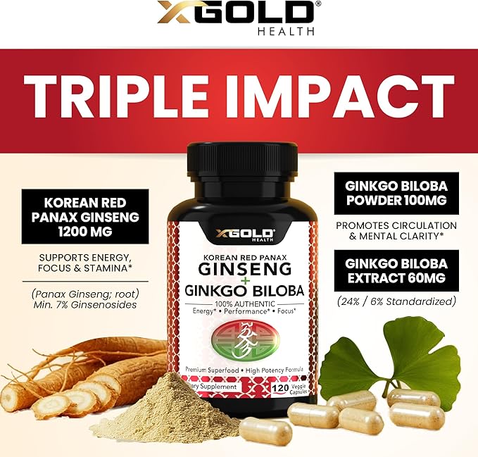 Korean Red Panax Ginseng 1200mg + Ginkgo Biloba -120 Vegan Capsules - High Ginsenosides Extra Strength Root Extract Powder Supplement for Energy, Performance & Focus Pills for Men & Women