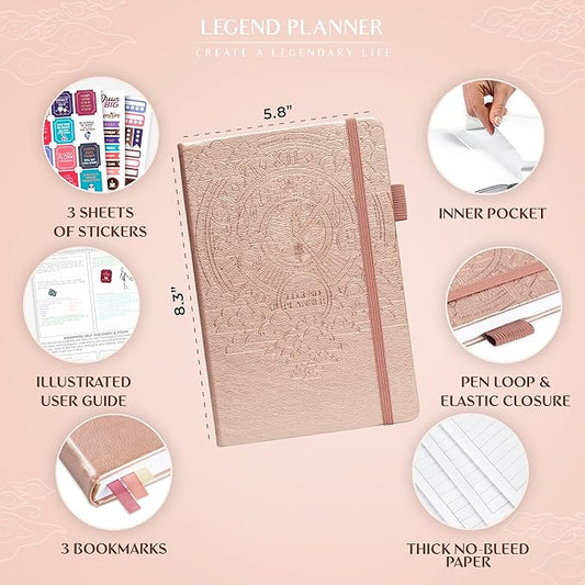 Legend Planner Hourly Schedule Edition – Deluxe Weekly & Daily Organizer with Time Slots. Time Management Appointment Book Journal for Work & Personal Life, Undated, A5 Hardcover – Rose Gold Gold