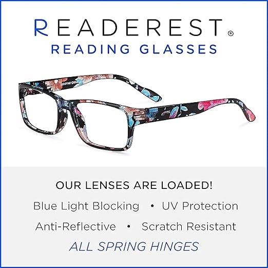 Readerest 1.0 Blue Light Reading Glasses - Lightweight Computer Glasses - Eye Strain, UV Glare Protection (Floral)