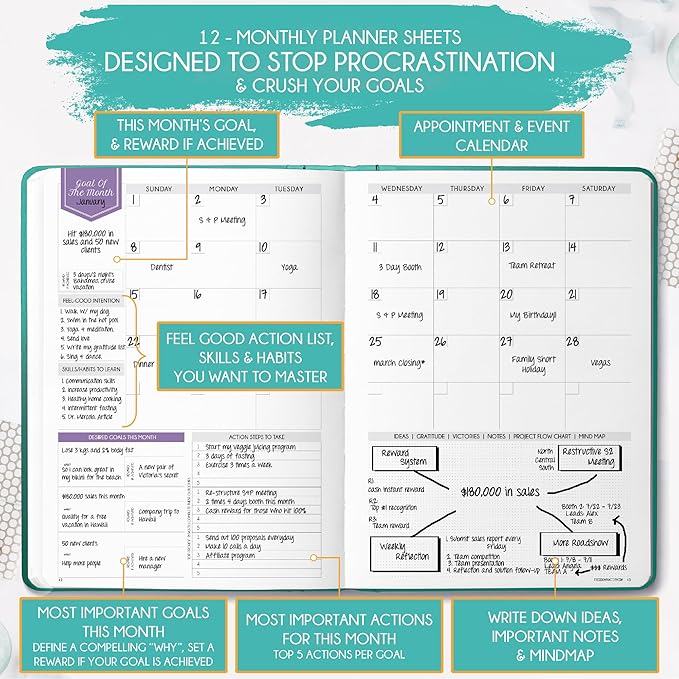 Life Planner - Undated Weekly & Monthly Planner, 12-Month Journey to Increase Productivity | Gratitude Journal, Life Organizer & Goal Journal | Include Foldable Vision Board, Habit Tracker & Stickers