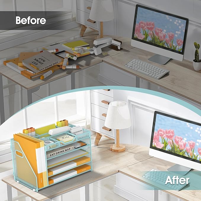 5 Tier Paper Letter Tray with File Holder and 3 Drop-in Pen Holders, Mesh Desk File Organizer with Handle, Desk Organizers and Accessories for School,Home, Office Supplies Storage-Blue