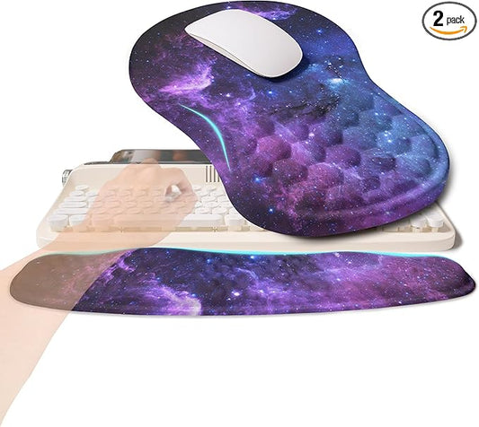 2-in-1 Ergonomic Set, Wave Rise Keyboard Wrist Rest and Massage Bulge Slope Mouse Pad Wrist Support, Cushion Memory Foam Integrated to Relieve Wrist Pain, Galaxy