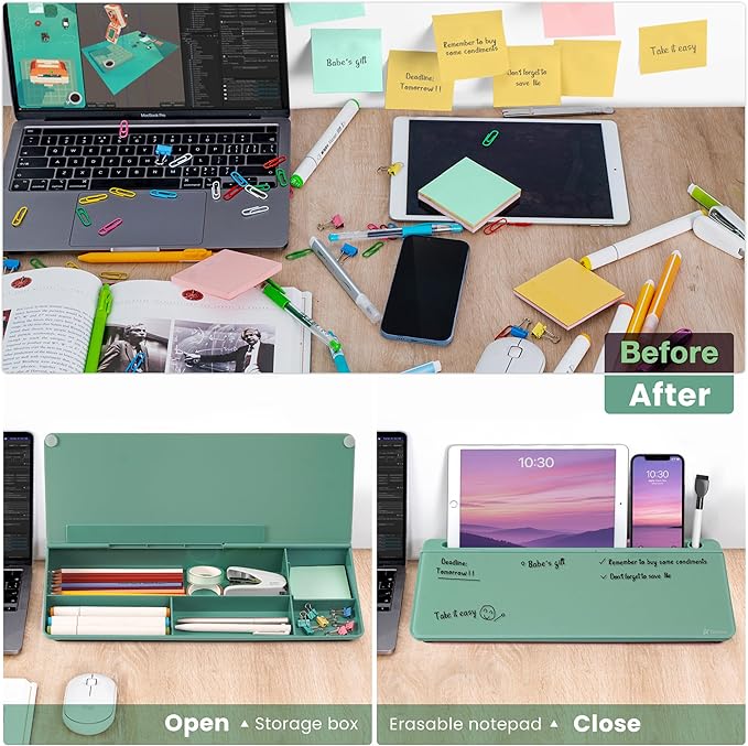 Varhomax Glass Desk Whiteboard with Storage, Desktop Organizer to-do List Memo Notepad Dry Erase White Board for Home Office and School Supplies (Green)
