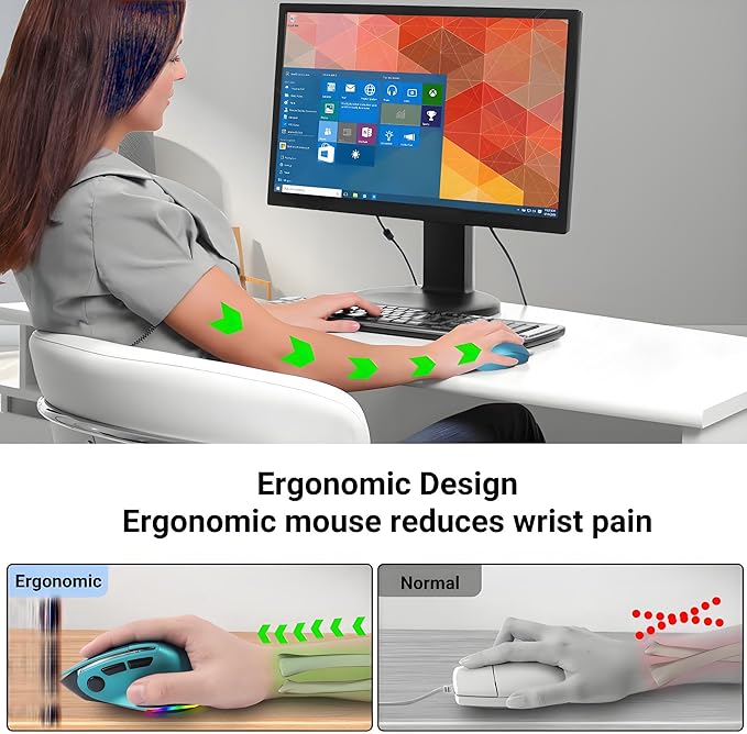 Ergonomic Mouse Jiggler,Bluetooth Vertical Wireless Mouse,LED Rechargeable Optical Computer Mice, Portable(BT5.2 or USB 2.4GHz) Dual Mode,1000/1600/2400 DPI,8 Buttons for Laptop,PC,Macbook (Blue)