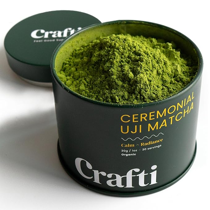 Crafti Ceremonial Grade Matcha Powder (Organic) - Unsweetened Authentic Japanese Daily Matcha Green Tea Powder from Uji, Kyoto for Barista-Grade Lattes (30g / 1oz)