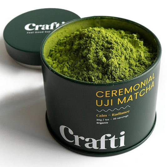 Crafti Ceremonial Grade Matcha Powder (Organic) - Unsweetened Authentic Japanese Daily Matcha Green Tea Powder from Uji, Kyoto for Barista-Grade Lattes (30g / 1oz)