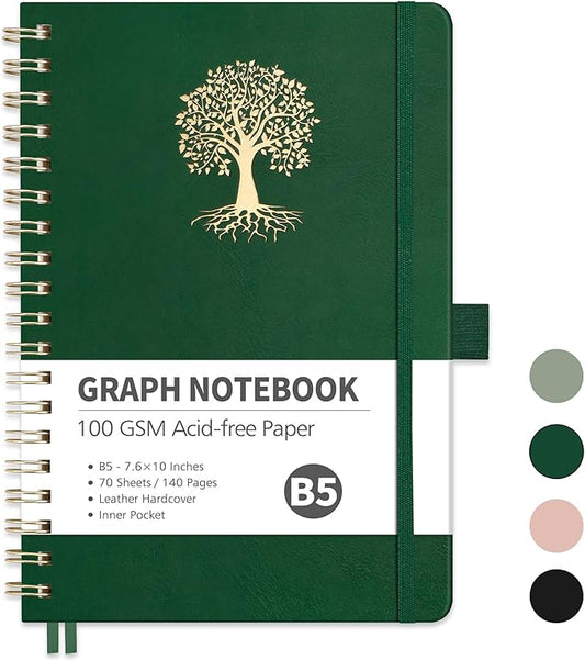RETTACY Graph Grid Paper Notebook, 140 Pages, B5 Medium Size (7.6'' × 10''), 5 Squares per Inch, Leather Hardcover, 100 GSM Thick Paper, for School, Students, Math, Engineering (Dark Green)