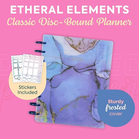 Happy Planner Disc-Bound Planner Jan.–Dec. 2026, Includes 3 Extra Months and 2 Sticker Sheets, Classic Size, 7" x 9.25", Horizontal Layout, Ethereal Elements