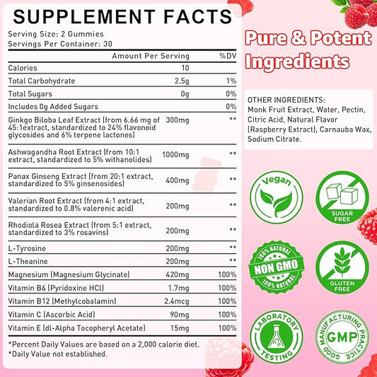 Ginkgo Biloba 300mg Gummies for Adults & Kids, Ginkgo Biloba Supplements for Focus, Memory, and Brain Health, Vegan, Sugar-Free, Raspberry Flavor, 60 Count