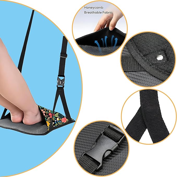Airplane Footrest Adjustable Feet Rest for Plane Easy to Use Foot Hammock Airplane Travel Essentials Portable Light Leg Hammock for Plane Travel Accessories for Adult (Flower, 4 Pack)