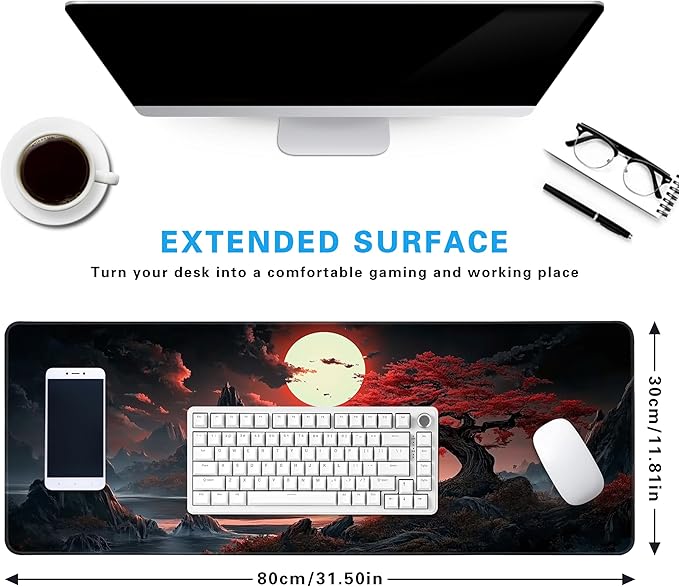 Japanese Desk Mat Red Full Moon Desk Pad Black Riverside Large Mouse Pad Gaming Mousepad Extended Keyboard Pad 31.5 x 11.8 in Laptop Computer Mouse Keyboard Mat for Office Desk Decor