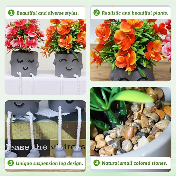 Zerzsy Cute Artifical Plants in Cement Pots, Small Fake Plants for Office Decorations, Mini Faux Succulents for Home Desk Shelf Decor-Set of 2