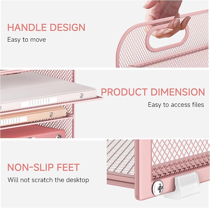 4-Tier Paper Organizer for Desk With Handle, Mesh Desktop File Tray, Office Classroom Organization and Storage - Pink