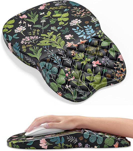 Auhoahsil Ergonomic Mouse Pad with Wrist Rest, Slope Computer Mouse Mat with Wrist Support, Memory Foam Filling, Non-Slip Silicone Base, Pain Relief, for Gaming & Work, 8 x 12 in, Black Flowers