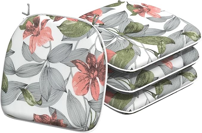 Indoor/Outdoor Chair Cushions 16x17 Inch, Patio Chair Cushions with Ties, All Weather Seat Cushions for Patio Furniture Home Garden Chair Use, Set of 4, Clemens Noir Pink