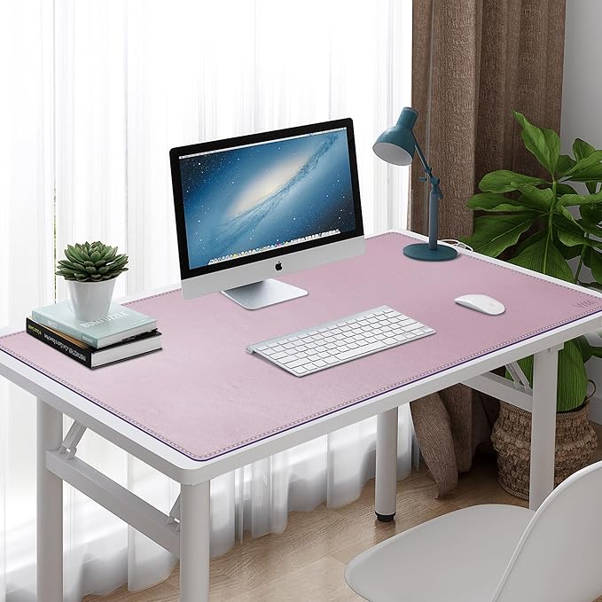 Vyaaa PU Leather Desk Mat, 39.4“ x 23.6” XXL Leather Desk Pad, Waterproof Extra Large Desk Mat, Large Mouse Pad, Desk Mats on top of Desks for Home or Office (Pink & Green)