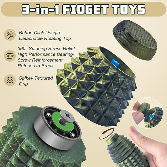 Little Ouchies Spiky Fidget Keychain, Pain Stim Sensory Toy for Adults | 3-in-1 Spinner, Clicker & Roller, Ergonomic Palm Grip, Stress & Anxiety Relief, Ideal for Friends & Family(Black Gold)
