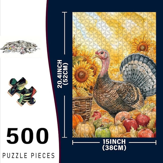 500 Piece Wooden Jigsaw Puzzle Turkey Thanksgiving Challenging Family Game Night Stress Relief Educational Toy Perfect Home Decor & Time Killing Gift 20.4x15 Inch