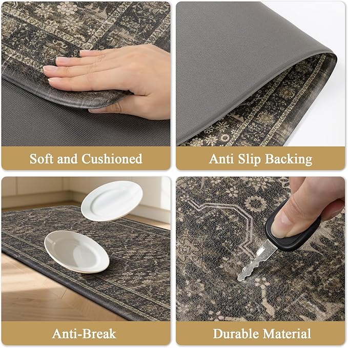 Pauwer Anti Fatigue Kitchen Mat Set of 3 Non Slip Kitchen Mats for Floor Cushioned Kitchen Rugs Comfort Standing Mat Farmhouse Waterproof PVC Foam Kitchen Floor Mat Runner, Taupe