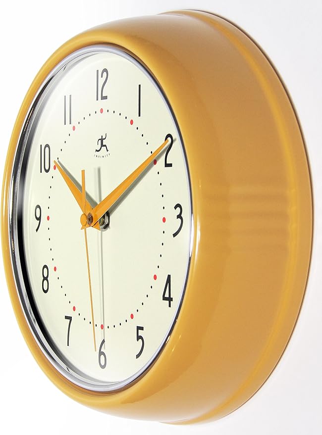 Infinity Instruments Retro 9 inch Silent Sweep Non-Ticking Mid Century Modern Kitchen Diner Wall Clock Quartz Movement Retro Wall Clock Decorative (Saffron Yellow)
