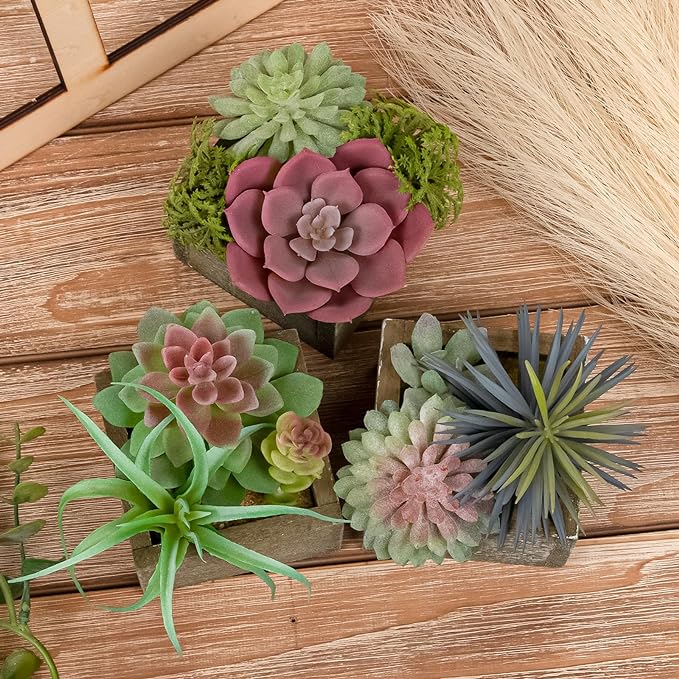 Mingfuxin Succulent Plants Artificial, Small Fake Plants in Pots, Mini Artificial Plants Indoor with Wood Potted for Bathroom Home Office Living Room Table Desk Shelf Decor, Set of 3