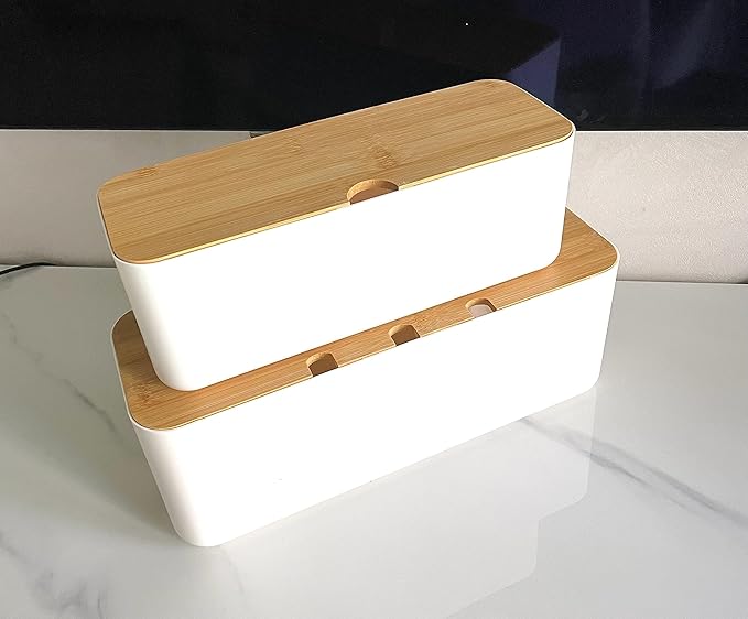 2 Pieces Cable Management Box|Cord Organizer Box| Hide and Conceal Power Strips and Electrical Cords from TVs, Computers, and Desks (White 2PCS)