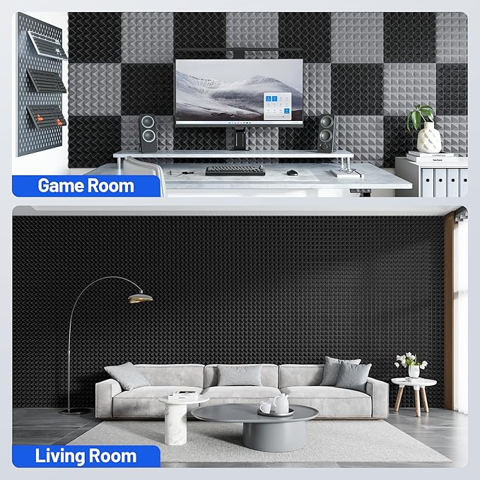 12 Pack Pyramid Sound Proof Foam Panels for Walls with Updated Self-Adhesive 2"X12"X12" High Density Acoustic Panels Sound Absorbing Fast-Expanding Soundproof Wall Panels for Gaming Studio Decor-Black