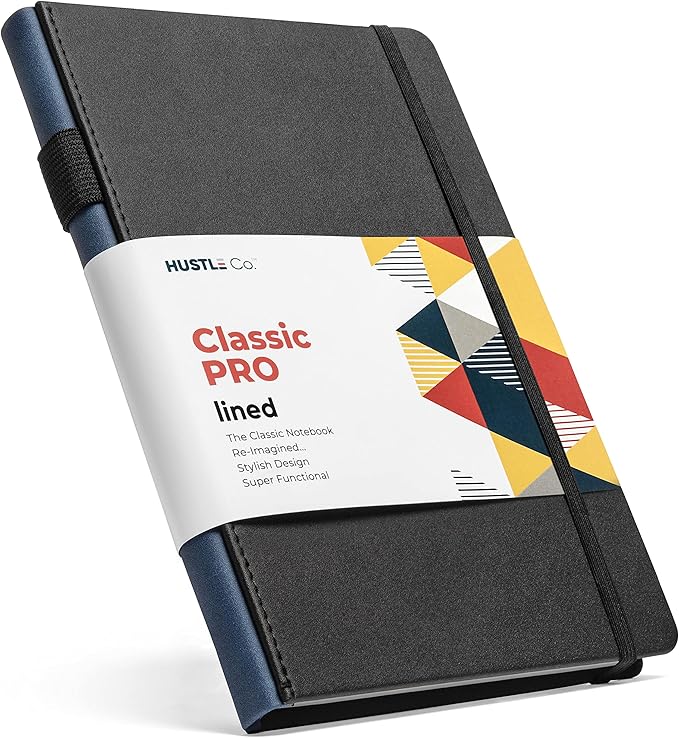 HUSTLE Co. Thick Hardcover Journal Notebook - Ruled/Lined A5 (5x8 inch), Deluxe 120gsm Paper, Lays Flat for Writing, Professional Notebooks for Work, Business, Office, Executive - Men & Women - Black