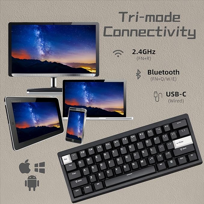 GMK61 60% Mechanical Keyboard,Tri-Mode PBT Keycaps Linear Switches 61 Keys,South-Facing RGB Gasket Mounted Plate Gaming Keyboard for Win/MAC (Black, Brown Switch)