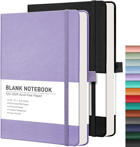 RETTACY Blank Journal Notebook, 2-Pack, 192 Pages per Pack, A5 Medium Size (5.7'' x 8.3''), Leather Hardcover, 100 GSM Thick Paper, for Sketching, Drawing, Painting (Black & Purple)