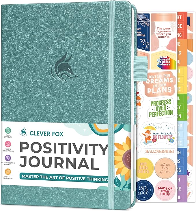 Clever Fox Positivity Journal – Daily Gratitude & Affirmation with Prompts – Motivational Mental Health Notebook with Habit Tracker (Aquamarine)