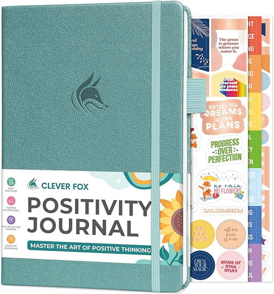 Clever Fox Positivity Journal – Daily Gratitude & Affirmation with Prompts – Motivational Mental Health Notebook with Habit Tracker (Aquamarine)