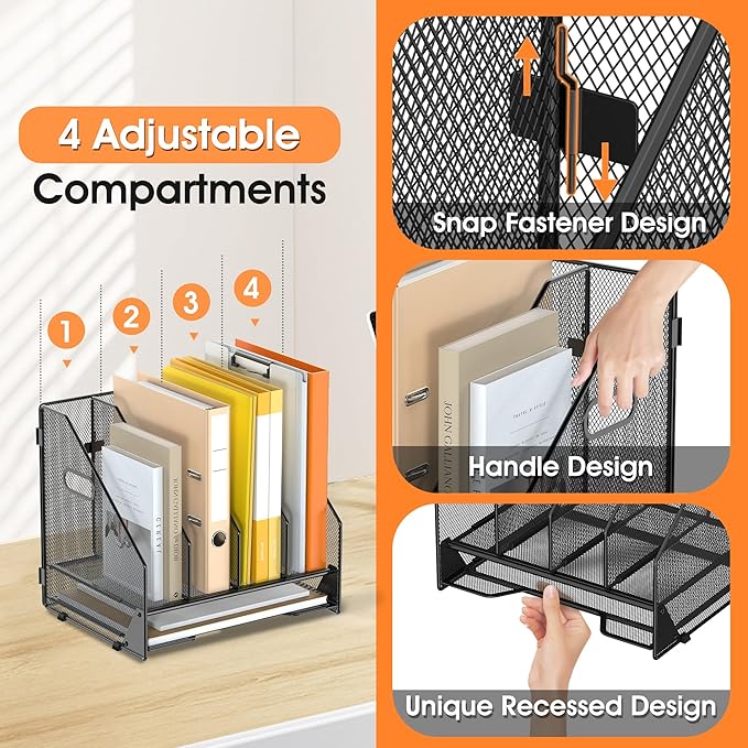 Desk File Folder Holder Organizer-4 Vertical Compartments Racks and Paper Letter Tray,Mesh Magazine File Holder Sorter,Desktop Accessories & Workspace Organizers for Home,Office,School-Black
