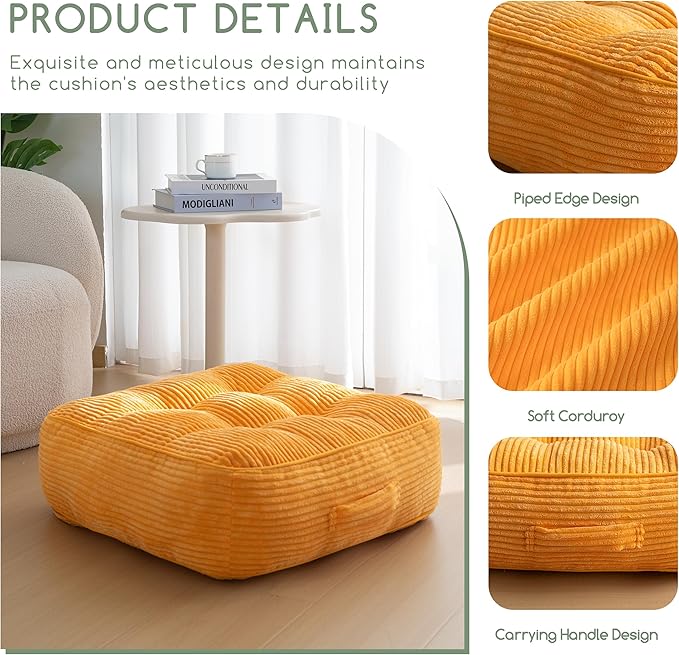 8" Washable Floor Pillow Cushion for Adults, Meditation Cushion Pillow, Large Square Floor Sitting, Removable Tufted Corduroy Cover, for Tatami Living Room or Yoga, 22x22 Inch, 2Pack, Machine Washable