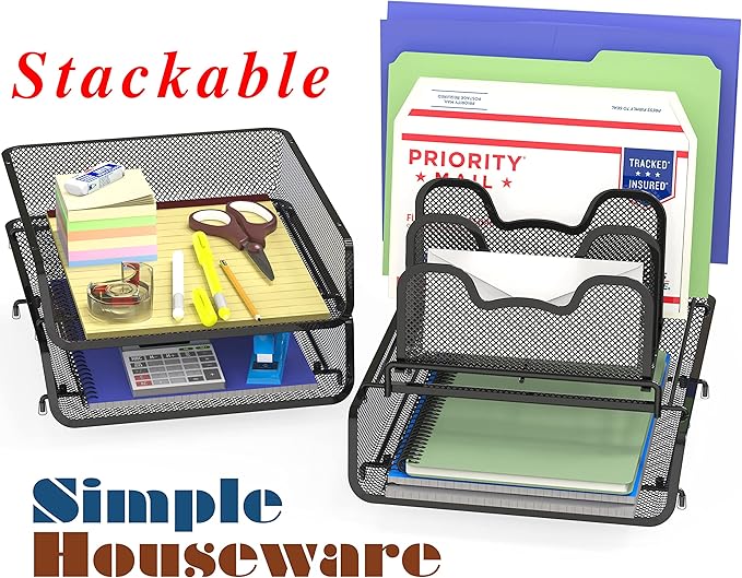 Simple Houseware 3-Tier Stackable Desk Organizer with 5 Compartments - Letter Tray and Step File Sorter, Black