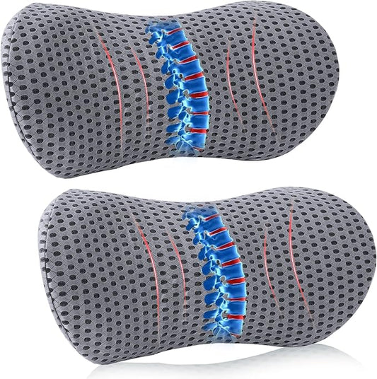 Lumbar Pillow, 2 Pack Memory Foam Lumbar Support Pillow for Office Chair and Car Seat, Ergonomic Streamline Back Pillow for Lower Back Pain Relief, Back Support Pillow for Sitting, Driving, Traveling