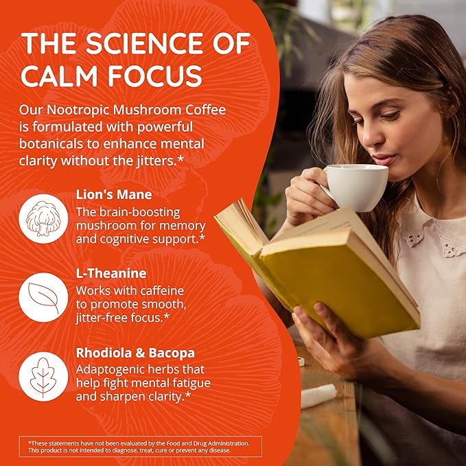 Mushroom Coffee with 125mg Caffeine – Lion’s Mane, Cordyceps, Reishi & Chaga | Adaptogen Nootropic Instant Mushroom Coffee for Energy & Focus | Medium-Dark Roast, Vegan, No Sugar – 30 Servings