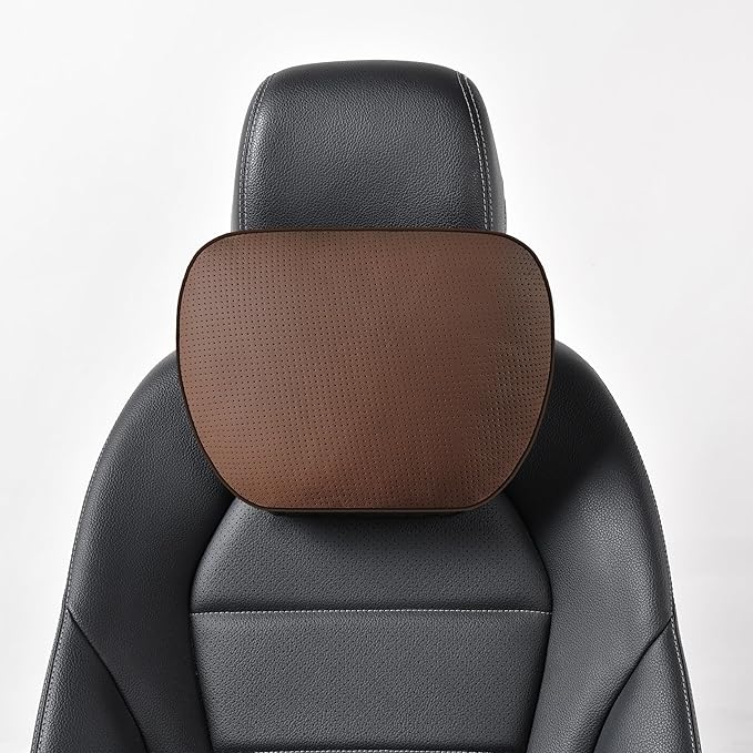 Genuine Cowhide Leather Headrest car Neck Pillow,Head Support Rest Driver,11.8x7.5”Real Cow Leather,Suede,Plant-Based Polyester,refillable&Adjustable Travel Vehicle Cushion(Coffee,1p)
