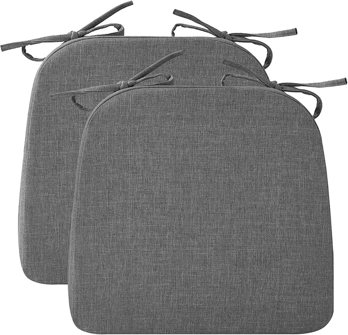 Chair Cushions for Dining Chairs, 2" Thick Seat Cushions for Kitchen Chairs, D-Shaped Chair Pads with Washable Cover, Ties and Non Slip Backing, 17'' x 16'', Set of 2, Dark Grey