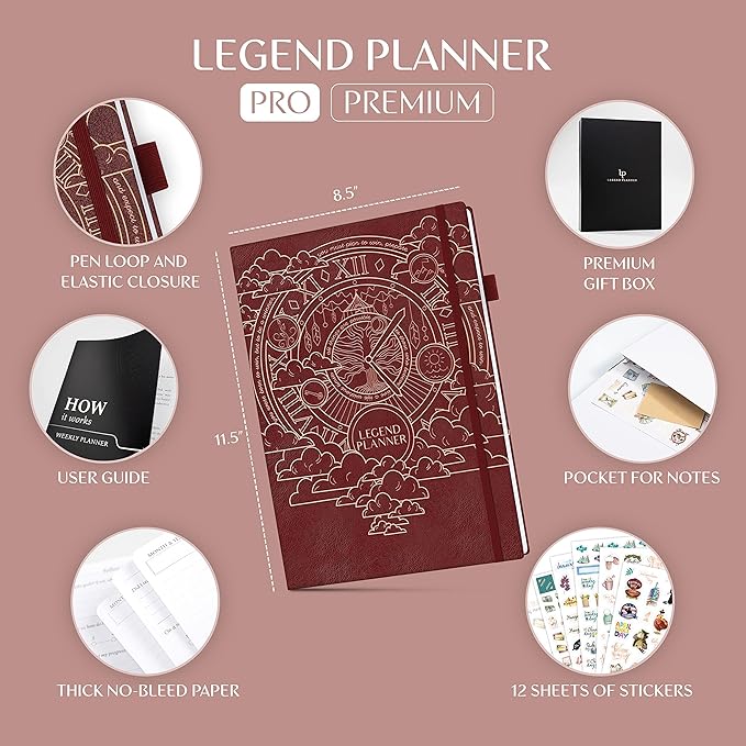 Legend Planner PRO Premium – Large Undated Weekly, Monthly & Budget Planner with Habit Tracker – Life Organizer for Time & Task Management, Goal Setting & Productivity – A4 size (Wine Red)