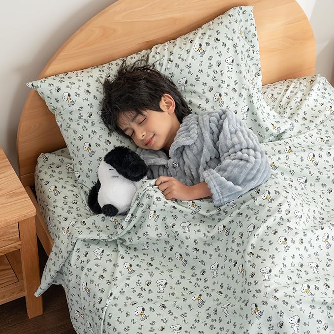 Berkshire Blanket Peanuts® Kids Sheet Set Twin Size - 3 Pieces,Cute Character Snoopy Printed Soft Microfiber Bed Sheets,Mini Snoopy & Woodstock New Flower and Bees Sage