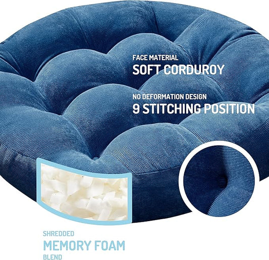 Floor Cushion Pillow Set of 2, Round Large Pillows Seating for Adults, Tufted Corduroy Cushions for Living Room Tatami, Navy Blue, 22 Inch
