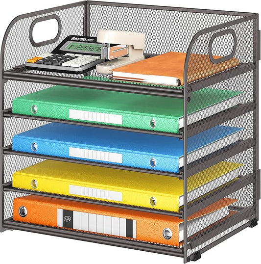 Lavatino 5 Tray Desk File Organizer, Mesh Paper Sorter Letter Tray Organizer with Handle, Desktop File Organizer and Storage for Letter/A4 Office File Folder- Grey