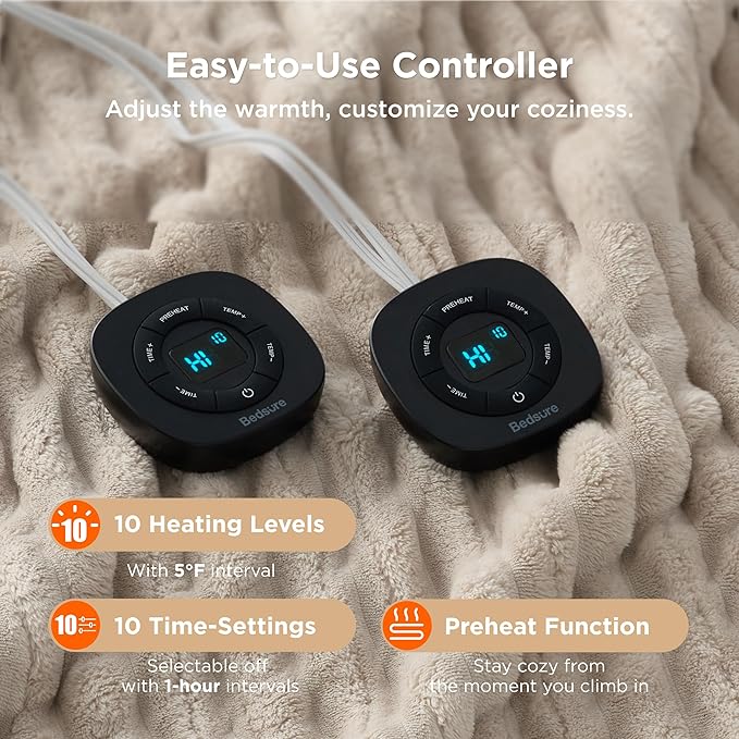 Bedsure Electric Blanket Queen Size - Thick Striped Flannel Electric Blanket with Dual Control, Heating with 10 Heat Settings & 10 Time Settings, 8 hrs Timer Auto Shut Off (84x90 inches, Linen)