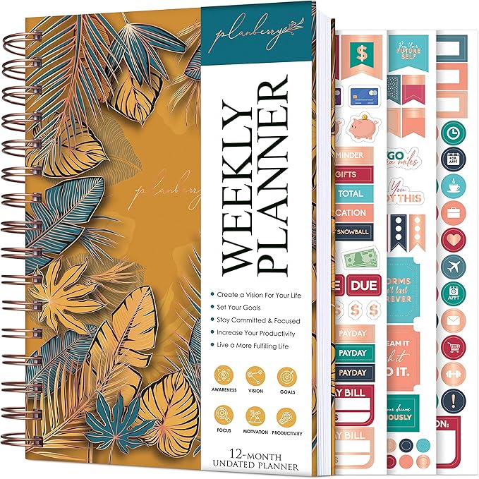 PLANBERRY Weekly Planner – Undated Life Organizer & Budget Planner – Time Management, Goal Setting, To-Do List, Work-Life Balance & Habit Tracker – 6.1″ x 8.1″ (Golden Jungle)
